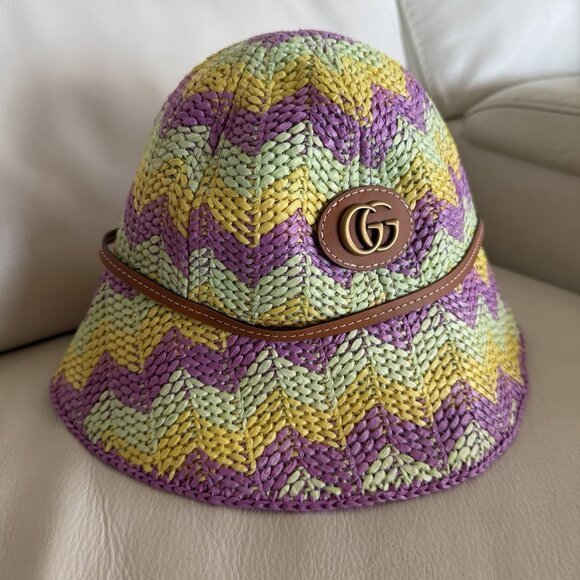NEW GUCCI  Embellished Leather-Trimmed Straw Bucket Hat $1,190 SZ S main image 7
